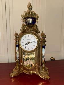 Imperial Italian Style Mantel Clock Gilt Blue Porcelain Quartz 15in