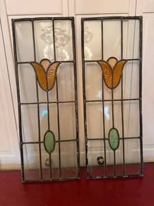 Antique Leaded Stained Glass Window Panels Pair Floral Tulip Design