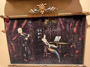Vintage Framed Tapestry Wall Art Music Scene Gilt Ornate Frame 35in