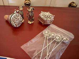 St. John Home Set Including  Leopard Salt and Pepper Shakers, Snowflake Bottle Stopper and Rhinestone Holder Picks