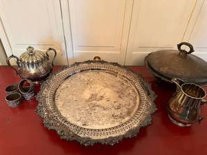 Antique Silverplate Serving Lot Tray Tureen Teapot Creamer Napkin Rings