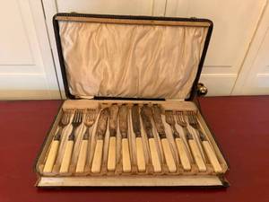 Vintage EPNS Fish Knife & Fork Set Faux Bone Handles Boxed 12 Pc
