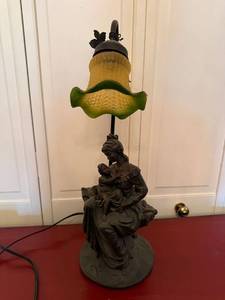 Vintage Figural Table Lamp Woman Child Frosted Green Glass Shade