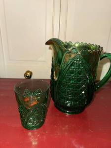 Vintage Emerald Green Pressed Glass Pitcher & Tumbler Set Scalloped Rim