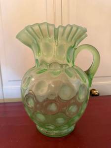 Vintage Green Opalescent Uranium Glass Pitcher Ruffled Rim 9in