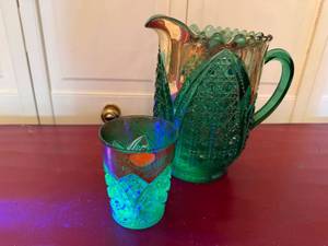 Vintage Green Carnival Glass Pitcher & Tumbler Set Iridescent