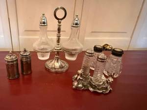 Vintage Cruet & Salt Pepper Shaker Lot Silverplate Glass Rabbit Stand