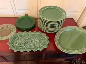 Green Majolica Style Rabbit Plates Serving Platter Glass Plate Lot