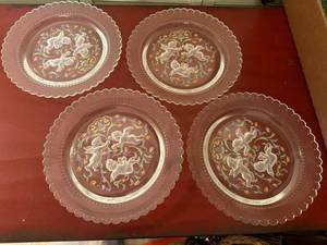 Vintage Pink Frosted Glass Cherub Floral Plates Set of 4 Scalloped