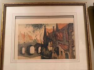 Vintage Framed Wall Art Prints Pair European Scene & Boats Decor