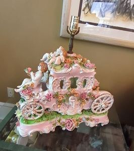 Italian Capodimonte Style Cherub Coach Table Lamp w Fringe Shade As-Is