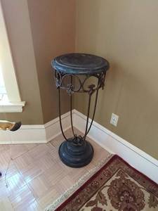 Ornate Metal Pedestal Plant Stand Black Round Top 36in Tall Scroll Base