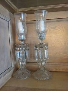 Pair Vintage Clear Glass Luster Candlesticks w Prisms Hurricane Shades