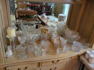 Mixed Vintage Pressed Glass & Crystal Lot Bowls Pitcher Candlesticks