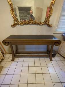 Century Furniture Scroll End Console Table Gold Black Glass Top Good