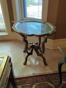 Vintage Hollywood Regency Round Glass Top Accent Table Scroll Base