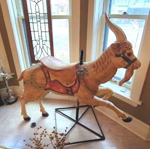 Large Vintage Carousel Style Goat Figure on Metal Stand Painted Saddle As Found