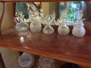 Vintage Clear Pressed Glass Cruet Bottle Set of 5 with Stoppers