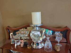 Lot Including Silver-Tone Snowflake Candle Holder, Cut Glass Goblets, Figurines