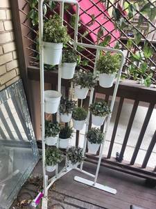 White Metal Tiered Planter Stands With Hanging Pots (Lot of 2)