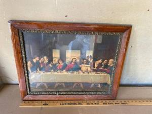 Vintage Framed Last Supper Religious Print Wood Frame 24 Inch Long