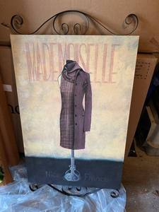 French Boutique Fashion Canvas Wall Art w Metal Scroll Frame Decor