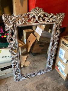 Hand Carved Mango Wood Wall Mirror Distressed Whitewash 39in
