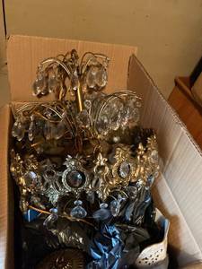 Vintage Brass Tone Crystal Prism Chandelier 16in Ornate Hanging Light