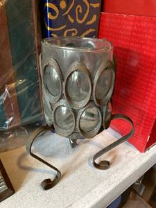 Metal & Glass Candle Holder Scroll Stand Oval Lens Design Patina