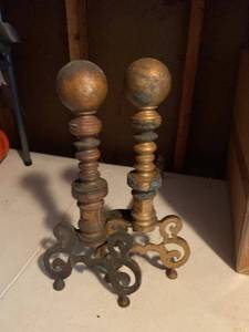 Antique Brass Fireplace Andirons Pair Scroll Feet One Incomplete