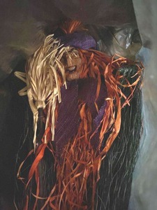 Halloween Witch Decoration Prop Raffia Straw Broom Figure Purple Hat