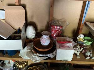 Mixed Ceramic Decor Lot Mugs Vase Figurines Bowls Assorted Shelf Group