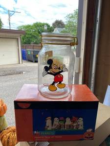 Disney Mickey Mouse Halloween Glass Treat Jar w Peanuts Box
