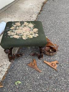 Antique Victorian Footstool Needlepoint Upholstery Wood Base Repair