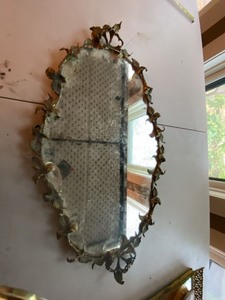 Vintage Gold Tone Tole Ivy Wall Mirror 25in Tall Heavy Patina