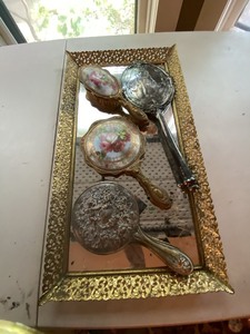 Vintage Vanity Set Mirrored Tray Hand Mirrors Brushes Mixed Lot 5 Pc