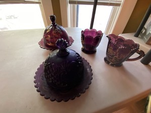 Amethyst Glass Gilt Floral 6 Pc Set Covered Dishes Creamer Sugar