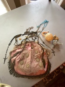 Vintage Religious Keepsake Group Rosaries Satin Lace Purse Baby Rattle