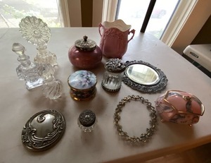 Vintage Vanity Decor Lot Glass Perfume Bottles Mirror Box Vase Jewelry