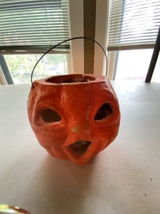Vintage Papier-Mache, (double sided faces) Jack O Lantern Halloween Basket 5in Two-Sided