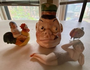 Vintage Figural Decor Group Pig Head Mug Rooster Rider Swimmer Bird