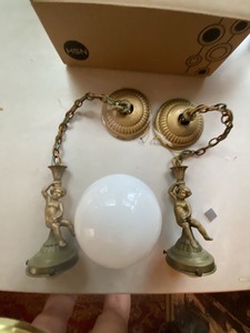 Vintage Cherub Figural Hanging Light Fixtures Pair w Milk Glass Globe