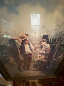 Framed Romantic Cottage Scene Print Wood Tone Frame 36 x 30 Wall Art