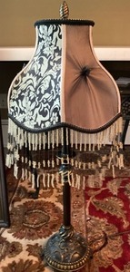Ornate Table Lamp w Beaded Fringe Damask Shade Tufted Accent