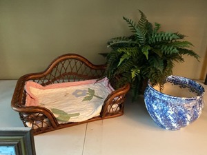 Blue Spongeware Planter Faux Fern Wicker Doll Bed Decor Set Good