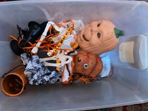 Assorted Halloween Decor Lot Cat Figure Pumpkins Mask Skeleton Sign