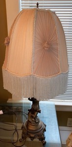 Vintage Cherub Figural Table Lamp w Fringed Shade Approx 30in Tall