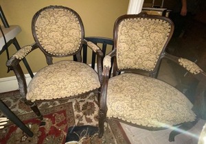 Antique Upholstered Parlor Armchairs Pair Carved Wood Floral Fabric