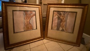 Pair Contemporary Framed Abstract Figural Wall Art Gold Frames