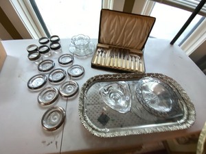 Vintage Silverplate & Glass Serving Lot Tray Coasters Flatware Set